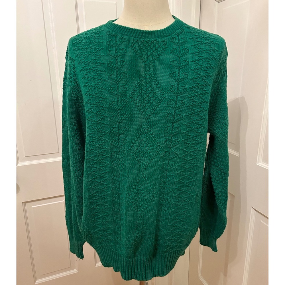VTG 80s 90s Rowing Club Green Textured Cotton‎ Knit Sweater Made in USA Men L